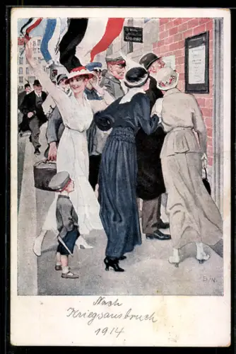 Künstler-AK Brynolf Wennerberg: Soldaten und Passanten freuen sich über Siegesmeldung