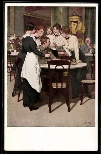 Künstler-AK Brynolf Wennerberg: Kriegspostkarten - Der Stammgast, Junge Damen belagern Soldat in Café