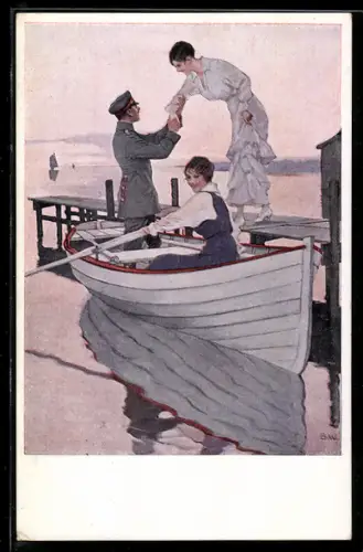 Künstler-AK Brynolf Wennerberg: Heimaturlaub, Soldat macht mit jungen Frauen eine Bootfahrt