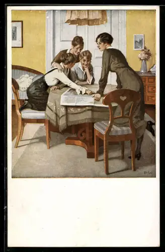 Künstler-AK Brynolf Wennerberg: Strategie, junge Frauen brüten über der Landkarte, Nr. 6