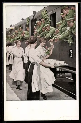 Künstler-AK Brynolf Wennerberg: Erfrischungsstation, Soldaten im Zug werden am Bahnhof verpflegt