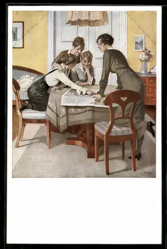 Künstler-AK Brynolf Wennerberg: Strategie, Frauen über einem Lageplan sitzend