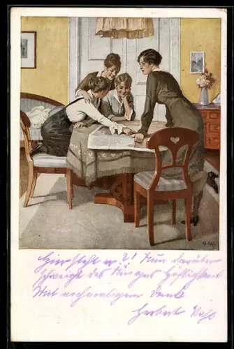 Künstler-AK Brynolf Wennerberg: Strategie, Frauen über einem Lageplan sitzend