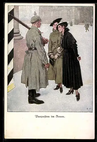 Künstler-AK Brynolf Wennerberg: Vorposten im Fuer, zwei Damen und der Soldat