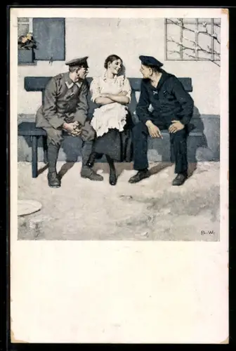 Künstler-AK Brynolf Wennerberg: Geplänkel, Soldat und Matrose mit Frau vor dem Haus