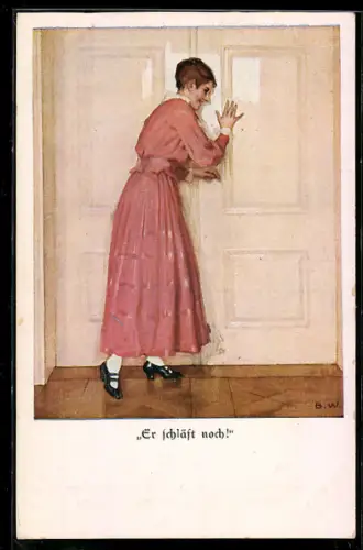 Künstler-AK Brynolf Wennerberg: Er schläft noch! Frau schliesst leise die Tür