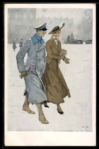 Künstler-AK Brynolf Wennerberg: Junge Frau mit ihrem Liebsten in Uniform bei dem Renommierbummel