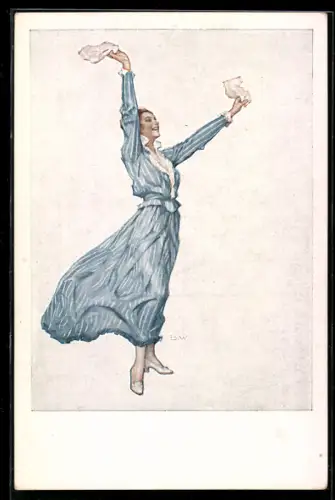 Künstler-AK Brynolf Wennerberg: Frau in blauem Kleid winkt mit Taschentüchern zum Abschied