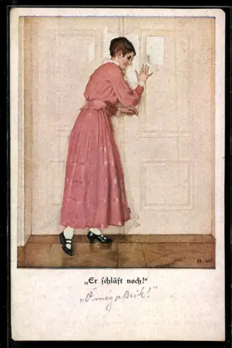 Künstler-AK Brynolf Wennerberg: Frau lauscht an einer Tür