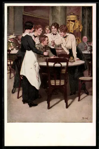 Künstler-AK Brynolf Wennerberg: Kriegspostkarten - Der Stammgast, Junge Damen belagern Soldat in Café