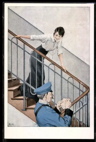 Künstler-AK Brynolf Wennerberg: Der Feldpostbrief, Junge Dame und Postbote