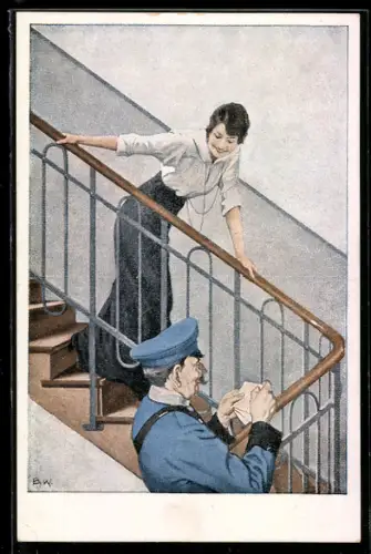 Künstler-AK Brynolf Wennerberg: Kriegskarte Nr. 5, Frau und Briefträger im Treppenhaus, Feldpost ist da!