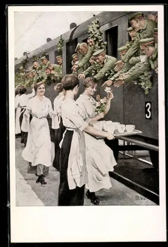 Künstler-AK Brynolf Wennerberg: Erfrischungsstation, Soldaten im Zug werden am Bahnhof verpflegt