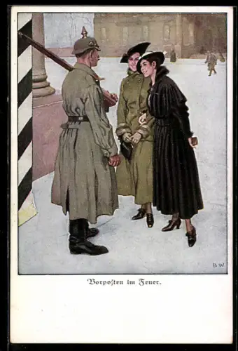 Künstler-AK Brynolf Wennerberg: Wachposten mit Gewehr unterhält sich mit zwei Damen