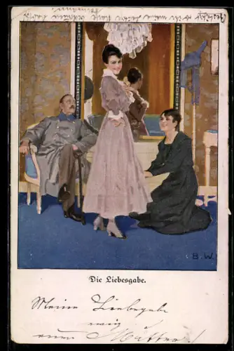Künstler-AK Brynolf Wennerberg: Die Liebesgabe, Frau mit neuem Kleid