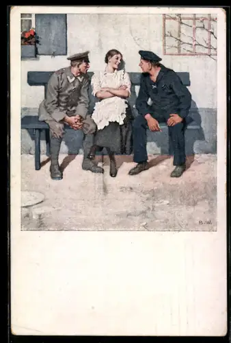 Künstler-AK Brynolf Wennerberg: Geplänkel, Soldaten im Gespräch mit einem Fräulein
