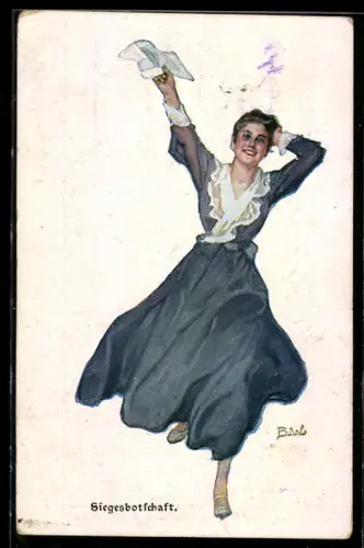 Künstler-AK Brynolf Wennerberg: Siegesbotschaft, jubelnde Frau im Kleid