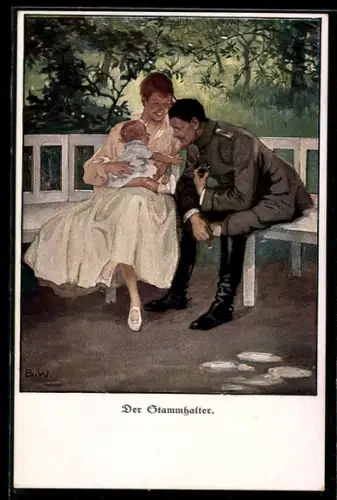Künstler-AK Brynolf Wennerberg: Der Stammhalter, Soldat und junge Frau sitzen auf einer Bank mit ihrem Baby