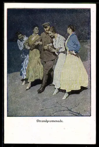 Künstler-AK Brynolf Wennerberg: Soldat in den Armen von jungen Frauen beim Spaziergang auf der Strandpromenade