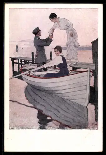 Künstler-AK Brynolf Wennerberg: Heimaturlaub, Leutnant bei Ruderpartie mit Fräuleins