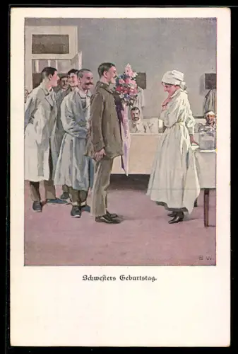 Künstler-AK Brynolf Wennerberg: Schwesters Geburtstag, Soldat gratuliert mit Blumen