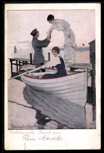 Künstler-AK Brynolf Wennerberg: Heimaturlaub, Leutnant bei Ruderpartie mit Fräuleins