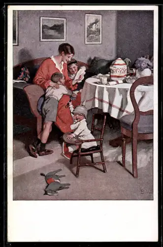 Künstler-AK Brynolf Wennerberg: Frau liest gute Nachrichten von der Front mit ihren Kindern