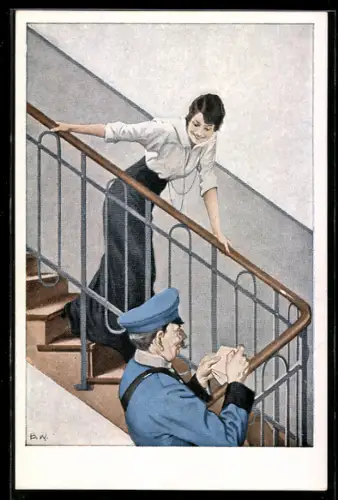 Künstler-AK Brynolf Wennerberg: Der Feldpostbrief, Junge Dame und Postbote