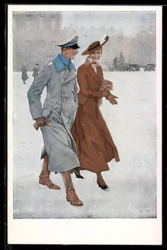 Künstler-AK Brynolf Wennerberg: Junge Frau mit ihrem Liebsten in Uniform bei dem Renommierbummel