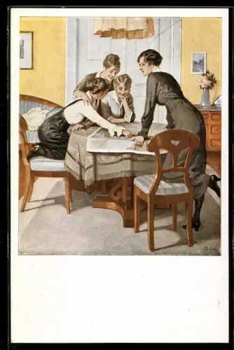 Künstler-AK Brynolf Wennerberg: Strategie, Frauen über einem Lageplan sitzend