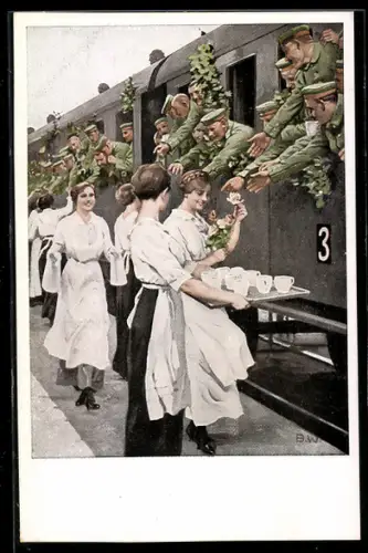 Künstler-AK Brynolf Wennerberg: Soldaten im Zug werden am Bahnhof verpflegt