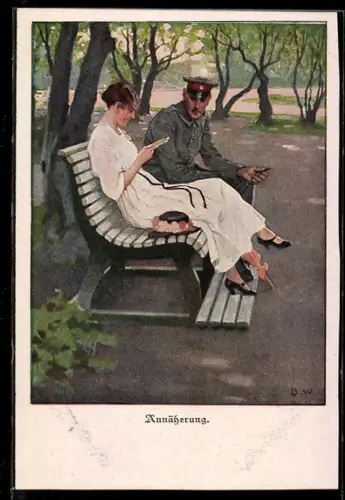 Künstler-AK Brynolf Wennerberg: Soldat sitzt mit einer Frau auf einer Bank im Park