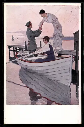 Künstler-AK Brynolf Wennerberg: Soldat macht mit jungen Frauen eine Bootfahrt