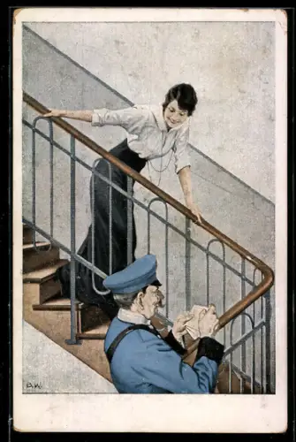 Künstler-AK Brynolf Wennerberg: Der Feldpostbrief, Junge Dame und Postbote im Treppenhaus