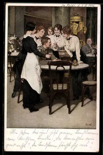 Künstler-AK Brynolf Wennerberg: Der Stammgast, Junge Damen belagern Soldat in Café