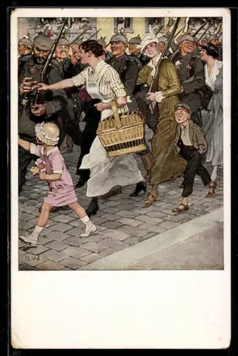 Künstler-AK Brynolf Wennerberg: Frau verteilt Würste an marschierende Soldaten