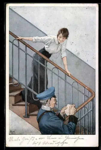 Künstler-AK Brynolf Wennerberg: Der Feldpostbrief, Junge Dame und Postbote