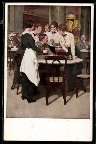 Künstler-AK Brynolf Wennerberg: Kriegspostkarten - Der Stammgast, Junge Damen belagern Soldat in Café