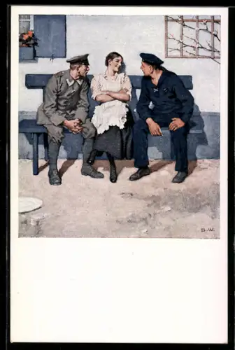 Künstler-AK Brynolf Wennerberg: Geplänkel, Soldaten im Gespräch mit einem Fräulein