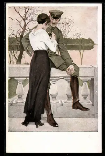 Künstler-AK Brynolf Wennerberg: Eisernes Kreuz, Dame betrachtet das Eiserne Kreuz eines Soldaten