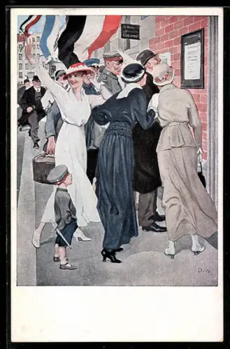 Künstler-AK Brynolf Wennerberg: Soldaten und Passanten freuen sich über Siegesmeldung