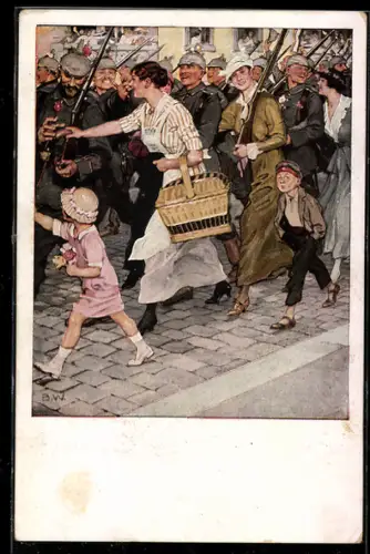 Künstler-AK Brynolf Wennerberg: Ausmarsch, Frau verteilt Würste an marschierende Soldaten