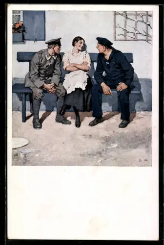 Künstler-AK Brynolf Wennerberg: Soldaten des Heers und der Marine unterhalten sich mit der Dorfschönheit