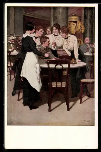 Künstler-AK Brynolf Wennerberg: Kriegspostkarten - Der Stammgast, Junge Damen belagern Soldat in Café