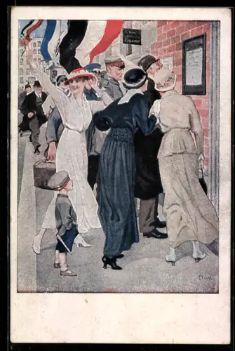 Künstler-AK Brynolf Wennerberg: Soldaten und Passanten freuen sich über Siegesmeldung