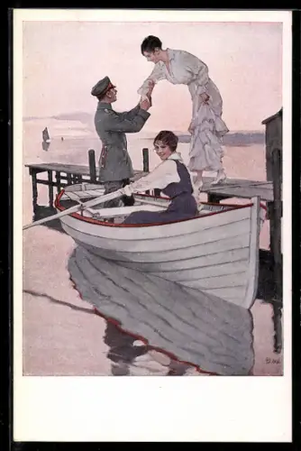 Künstler-AK Brynolf Wennerberg: Heimaturlaub, Leutnant bei Ruderpartie mit Fräuleins