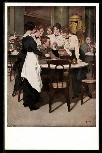 Künstler-AK Brynolf Wennerberg: Kriegspostkarten - Der Stammgast, Junge Damen belagern Soldat in Café