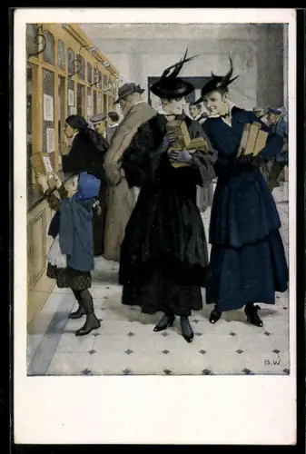 Künstler-AK Brynolf Wennerberg Nr. 15: Damen und Kind am Postschalter