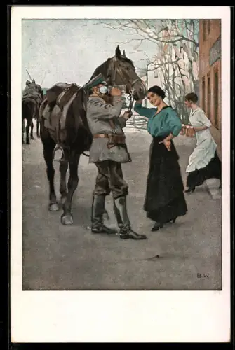 Künstler-AK Brynolf Wennerberg: Ein frischer Trunk, Feldgrauer Reiter und Schankmaid