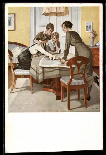 Künstler-AK Brynolf Wennerberg: Strategie, Frauen über einem Lageplan sitzend